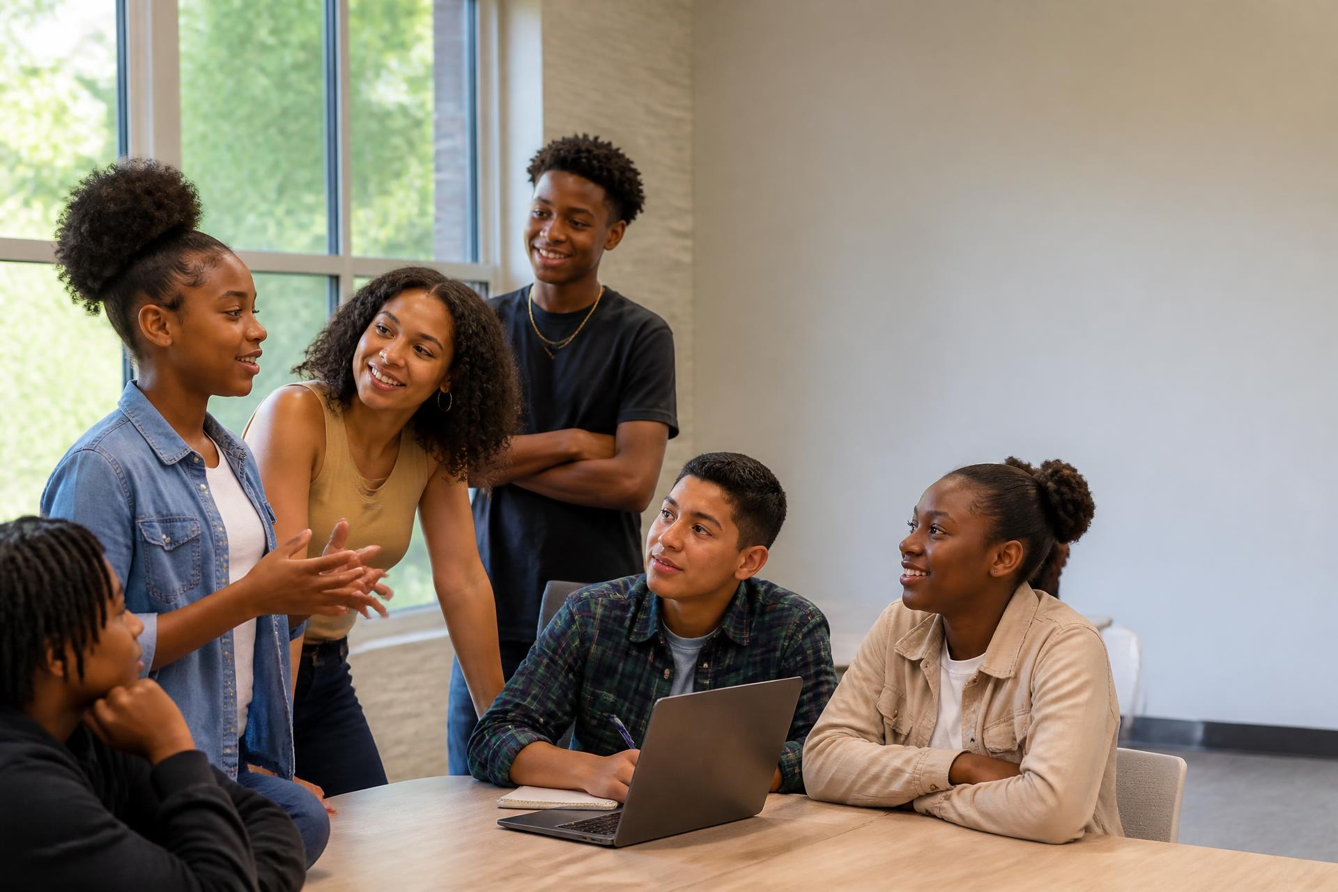 A group of Black, Brown, and Latino youth collaborating with a young mentor in a bright Maryland community-center meeting room.